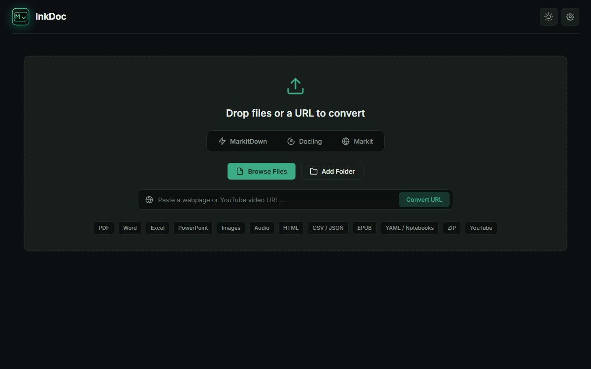 InkDoc walkthrough: add a file, it converts, the rendered markdown preview appears